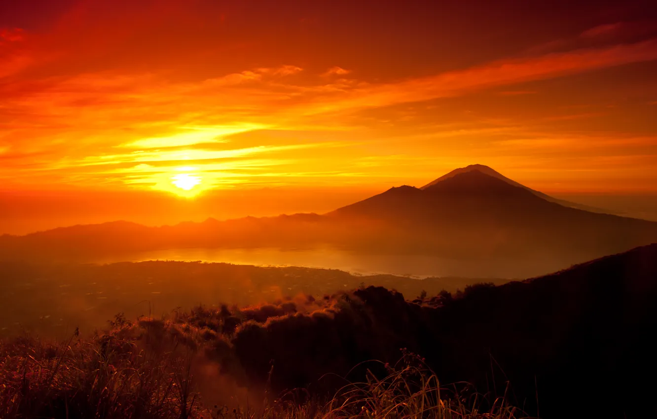 Photo wallpaper forest, the sun, sunset, mountains, orange, lake, yellow