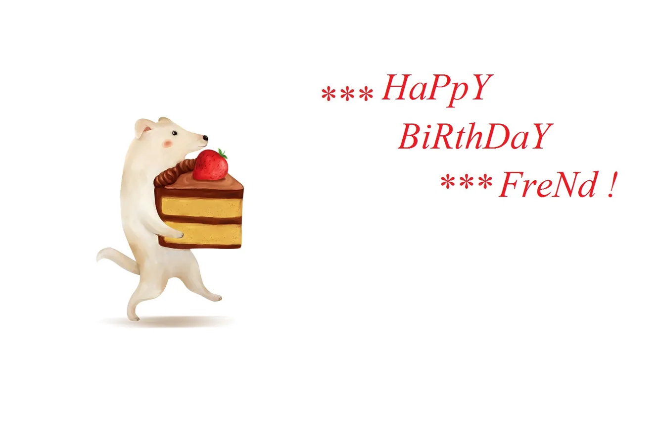 Photo wallpaper puppy, white background, congratulations, happy birthday, piece of cake, strawberry cake