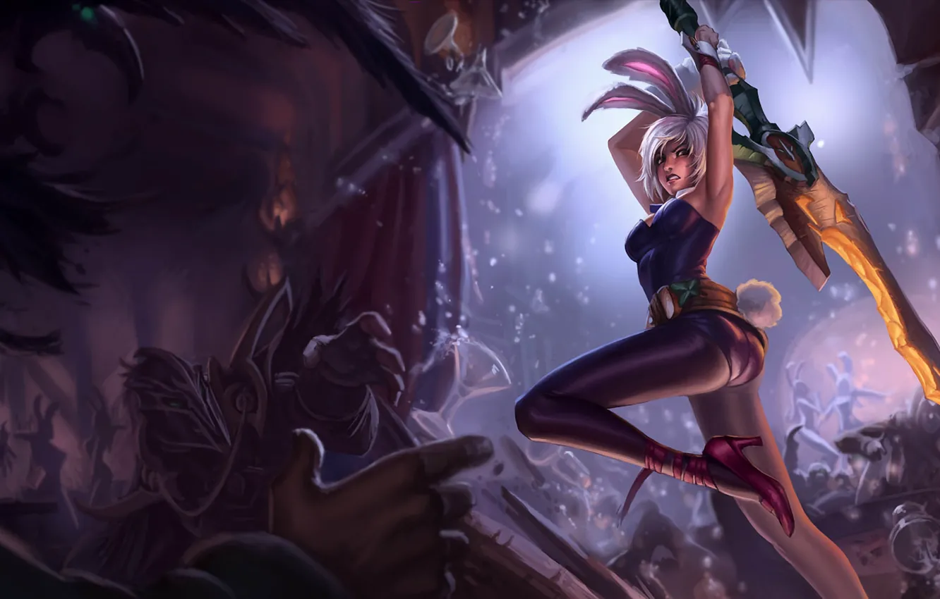 Photo wallpaper girl, scene, sword, tail, party, ears, swing, League of Legends