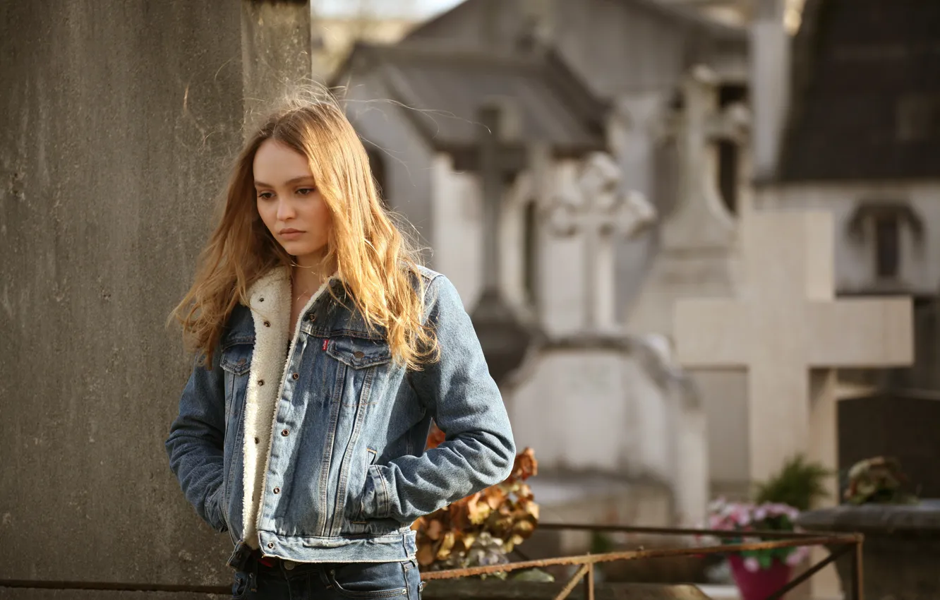 Photo wallpaper girl, mood, street, model, actress, blonde, denim jacket, Lily-Rose Depp