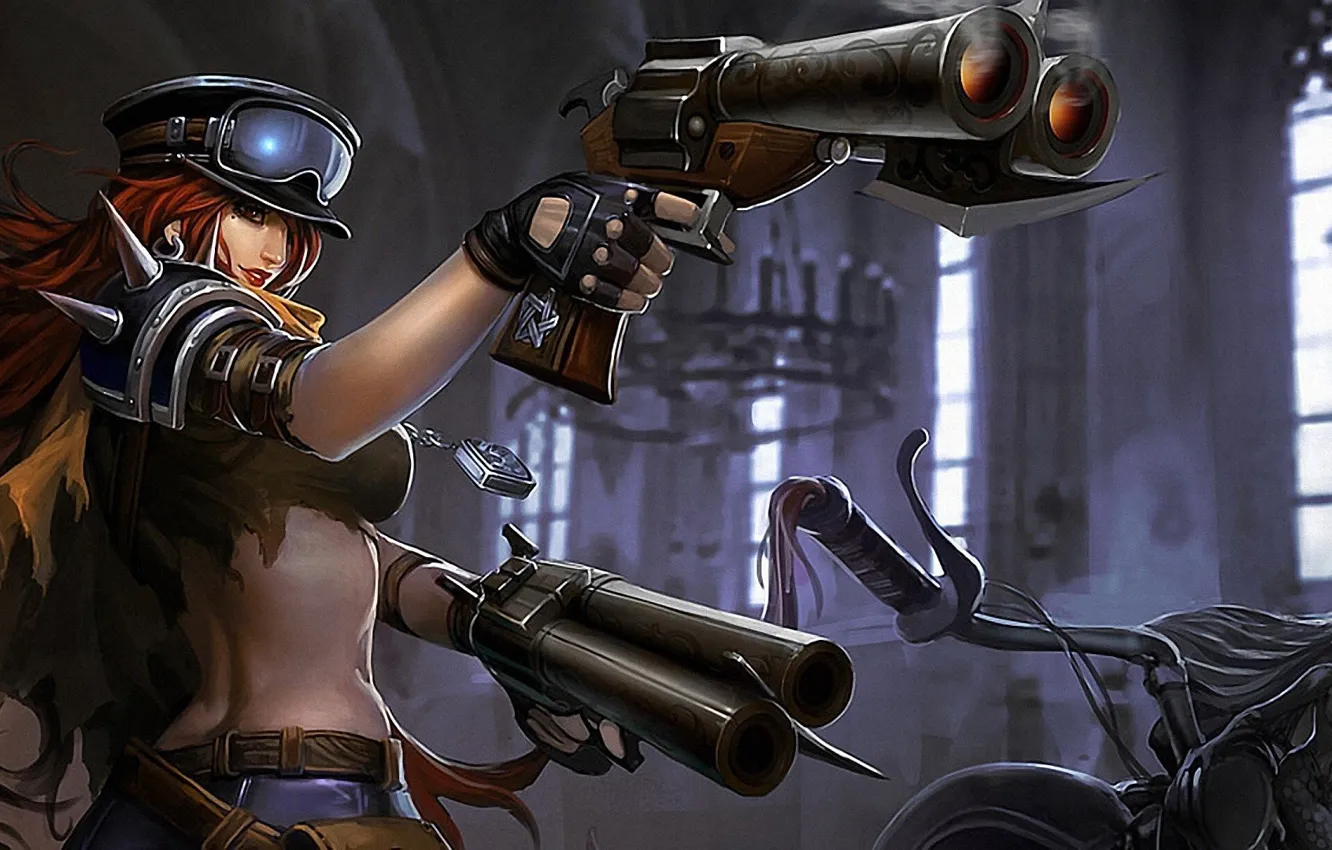 Photo wallpaper gun, weapons, the game, motorcycle, pistol, game, red hair, brown eyes