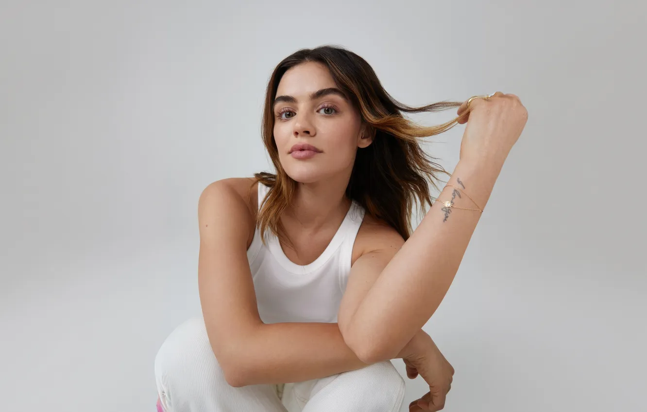 Photo wallpaper look, girl, photo, actress, tattoo, brown hair, chain, Lucy Hale