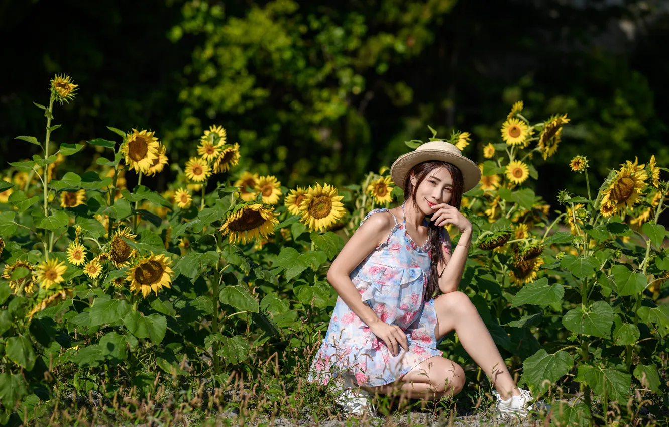 Photo wallpaper look, the sun, trees, sunflowers, pose, model, portrait, hat