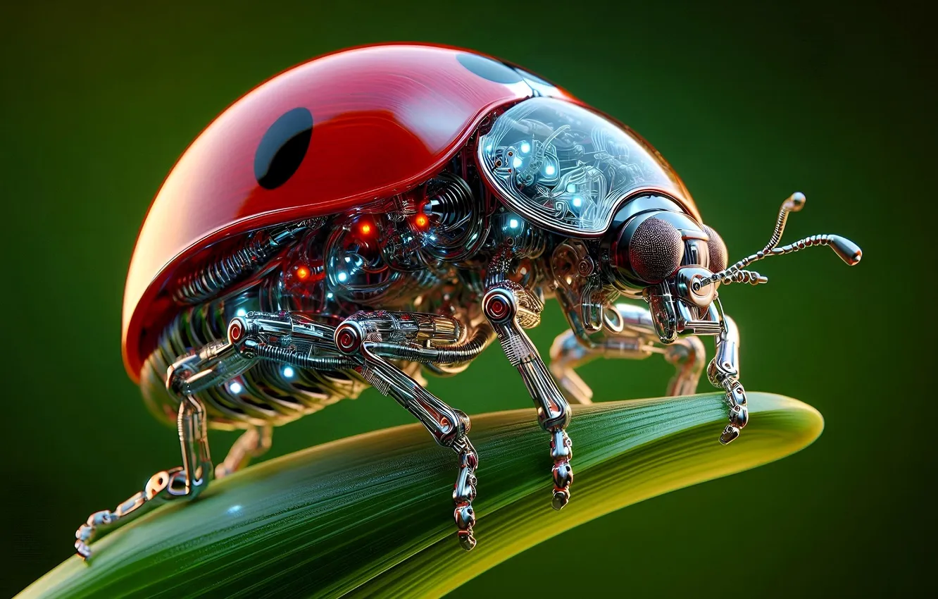 Photo wallpaper leaves, ladybug, robot, beetle, technique, insect, cyborg