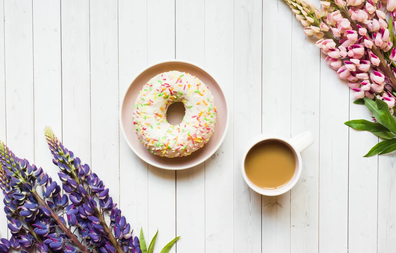 Photo wallpaper flowers, coffee, Cup, donut, Still life, Lupin