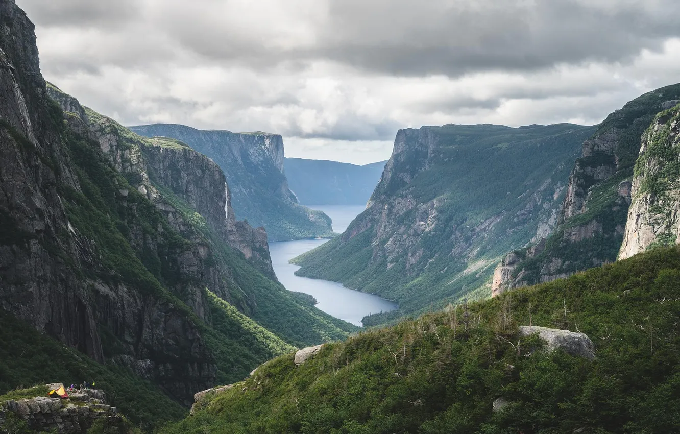 Photo wallpaper forest, the sky, clouds, trees, landscape, mountains, nature, river