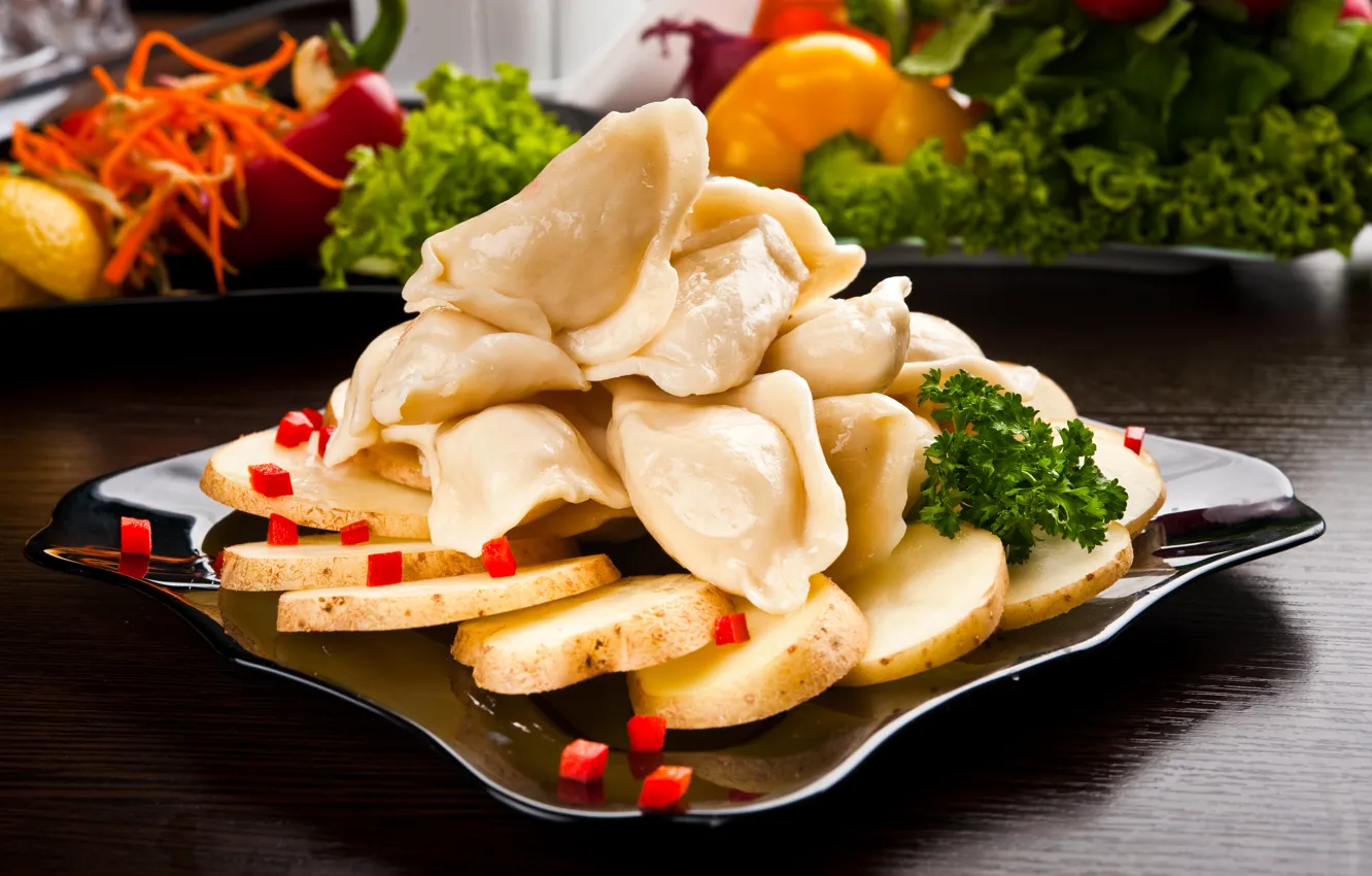 Photo wallpaper leaves, pepper, dumplings, potatoes, pepper, vegetables, pelmeni