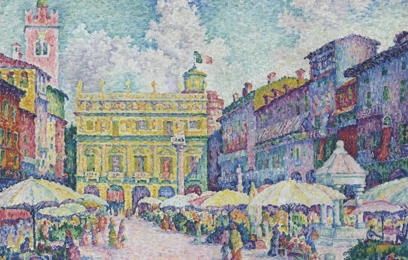 Photo wallpaper home, picture, the urban landscape, Paul Signac, pointillism, Market Square in Verona
