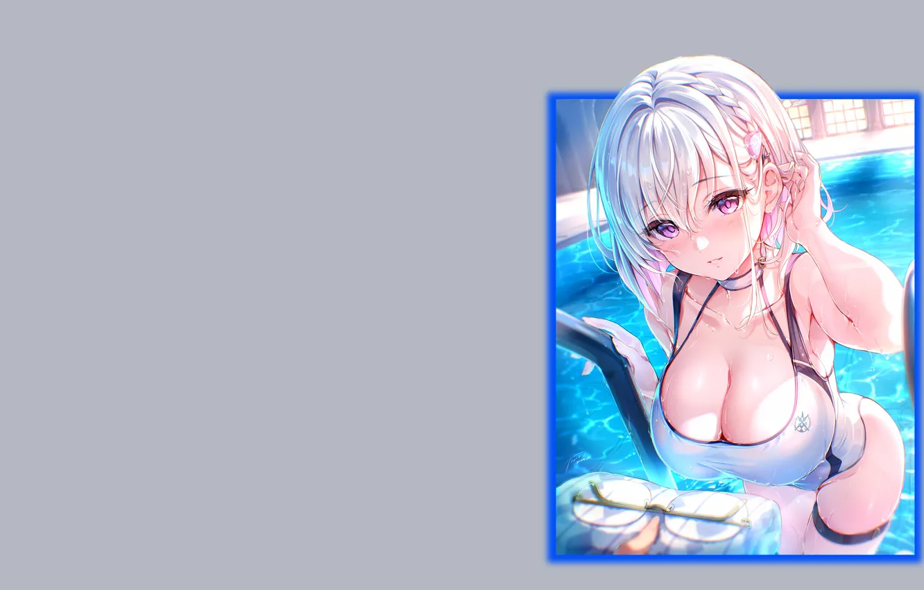 Photo wallpaper girl, hot, sexy, wet, pool, cleavage, boobs, anime