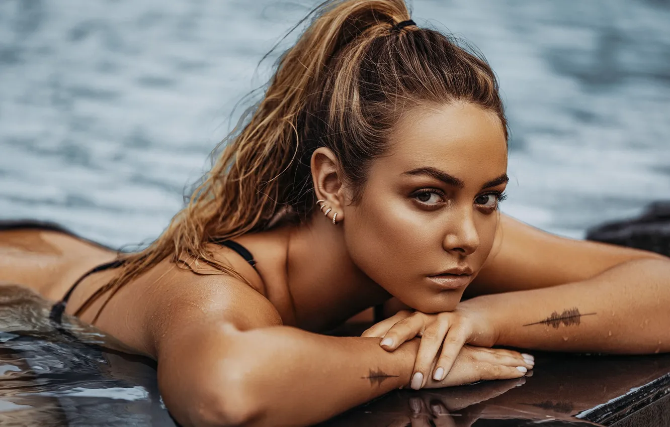 Photo wallpaper girl, model, tattoo, women, face, brunette, bikini, swimming pool