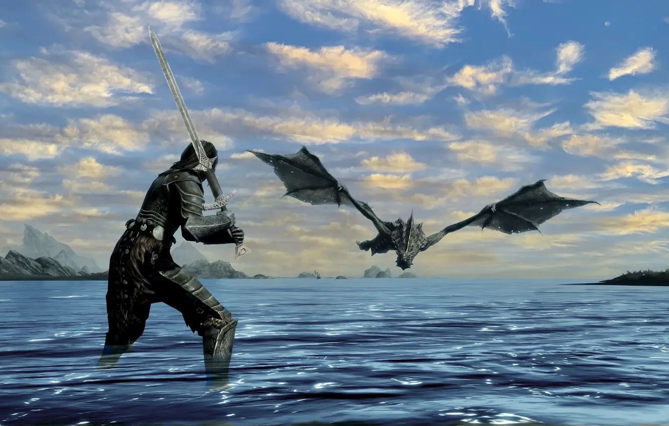 Photo wallpaper lake, dragon, dragonborn, The Elder Scrolls 5 Skyrim, Noon