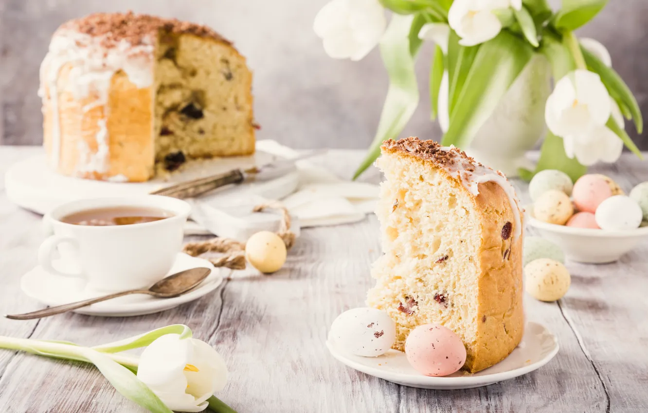 Photo wallpaper flowers, eggs, spring, Easter, tulips, white, cake, cake
