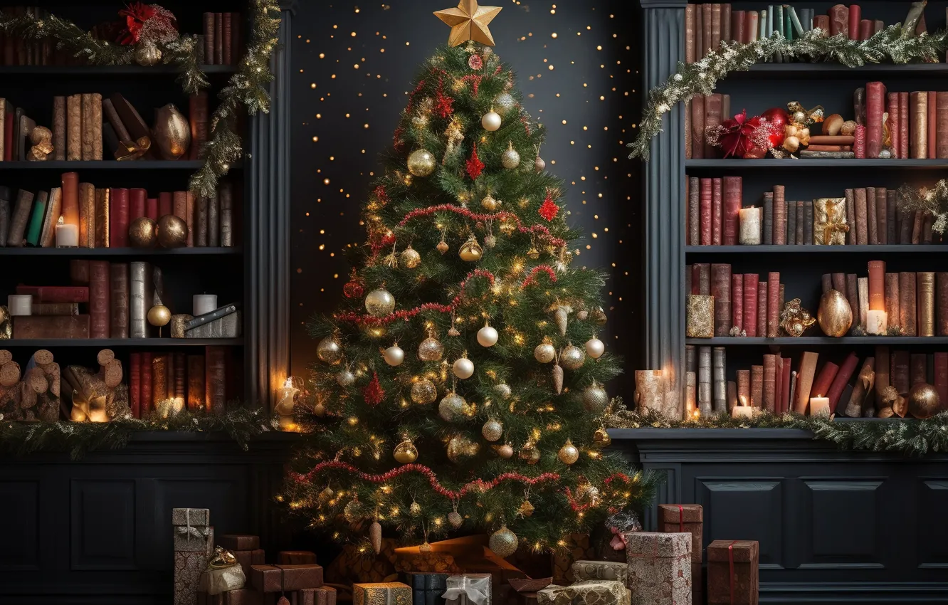 Photo wallpaper decoration, room, balls, books, tree, interior, New Year, Christmas