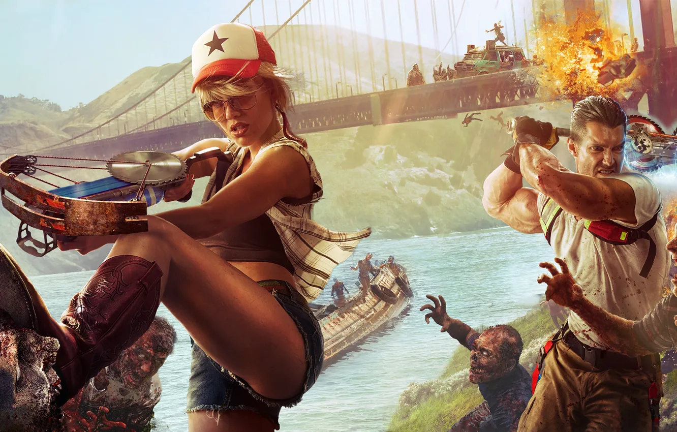 Photo wallpaper blood, zombies, woman, man, glasses, crossbow, strange weapons, dead island 2