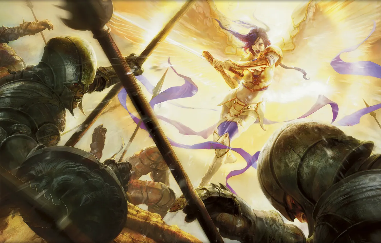 Photo wallpaper light, attack, wings, angel, sword, armor, rage, goblins