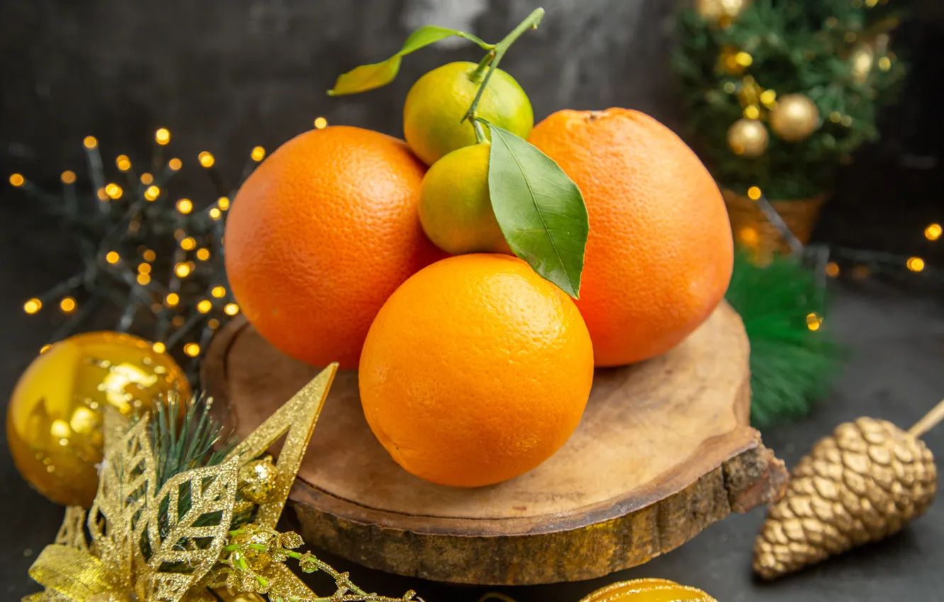 Photo wallpaper leaves, stars, balls, new year, orange, lights, Christmas, citrus