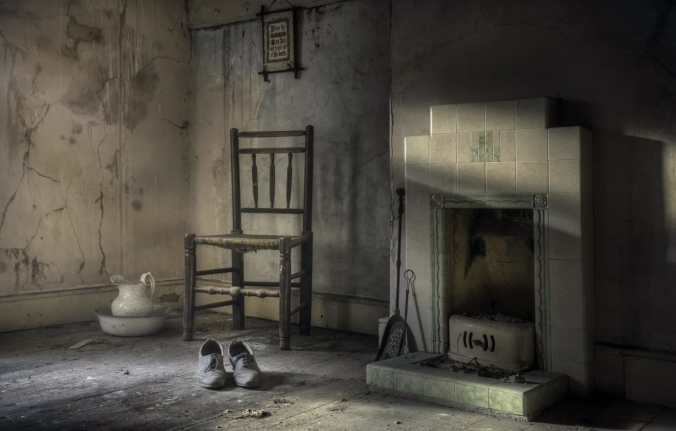 Photo wallpaper room, chair, shoes, fireplace