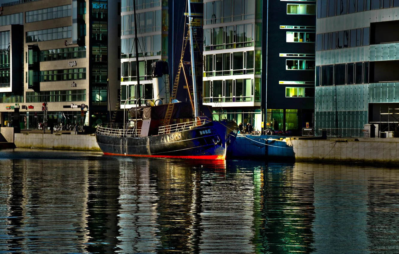 Photo wallpaper river, home, yacht, boat, Sweden, promenade