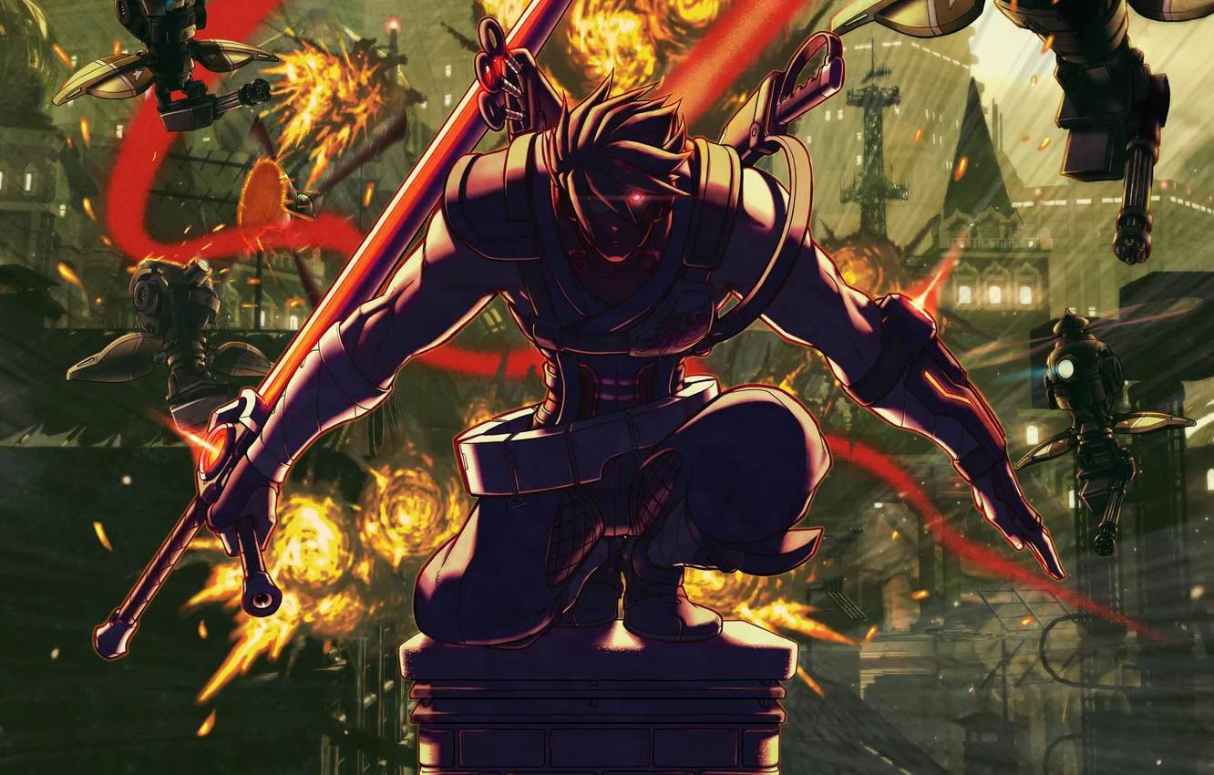 Photo wallpaper the explosion, the city, weapons, robot, home, sword, agent, ninja