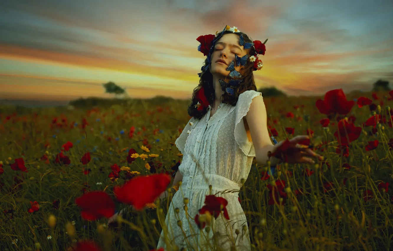 Photo wallpaper summer, the sky, girl, clouds, sunset, flowers, blue, pose