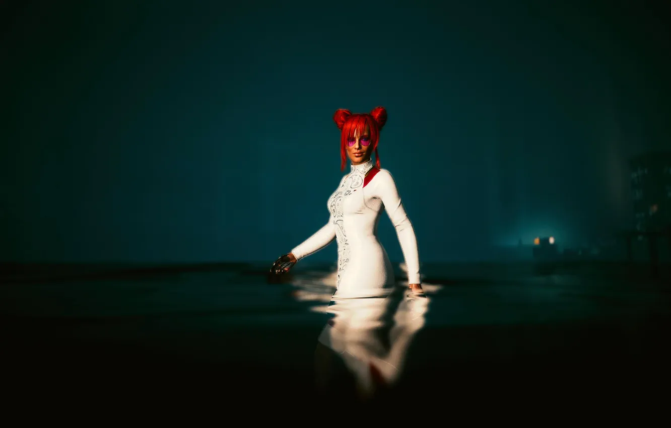 Photo wallpaper water, girl, night, red, white dress, posing, rose-colored glasses, Cyberpunk 2077