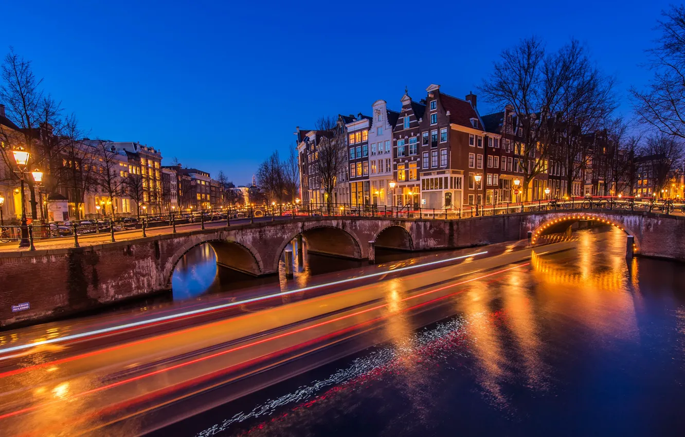 Photo wallpaper summer, light, trees, line, landscape, night, bridge, life