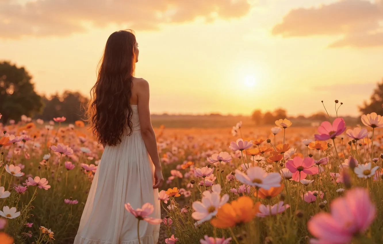 Photo wallpaper field, grass, girl, the sun, clouds, flowers, dawn, back