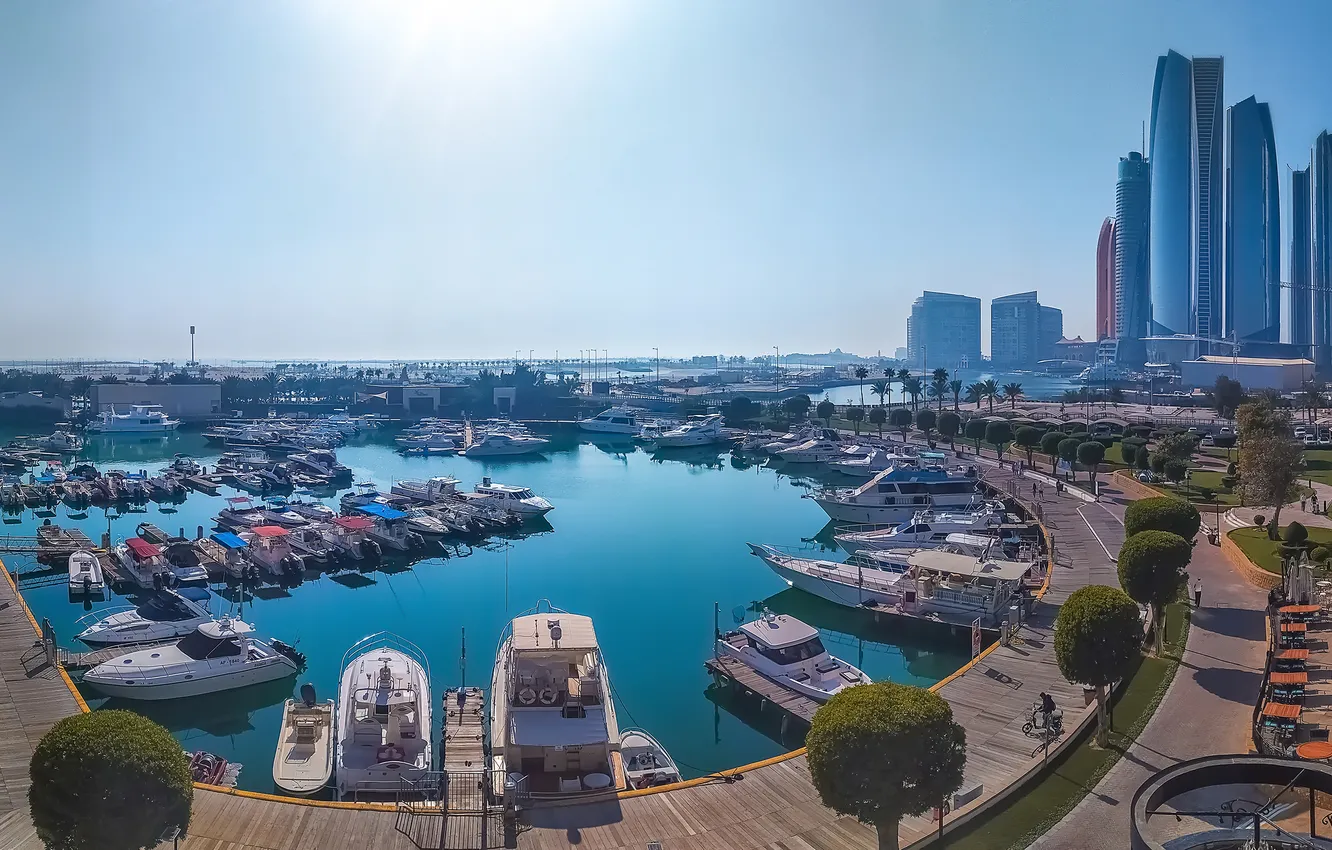 Photo wallpaper building, Bay, skyscrapers, yacht, pier, boat, Dubai, Dubai
