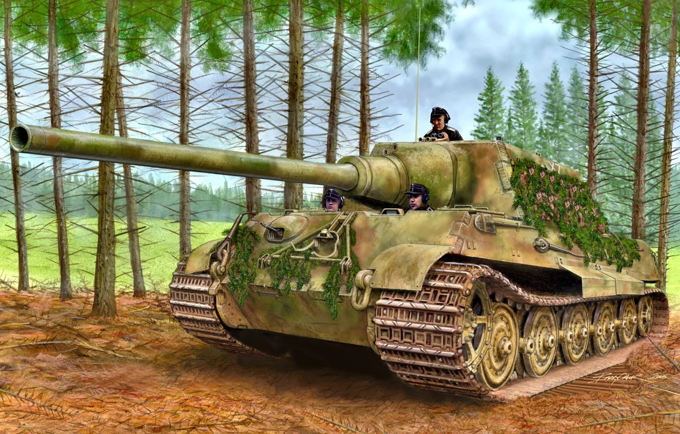 Photo wallpaper forest, self-propelled artillery, heavy, Jagdtiger, German, tree branches, class tank destroyers, masking