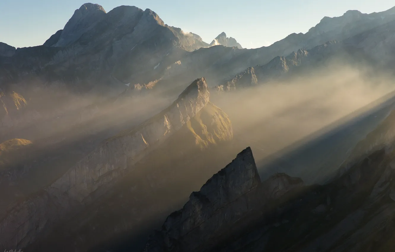 Photo wallpaper mountains, fog, morning