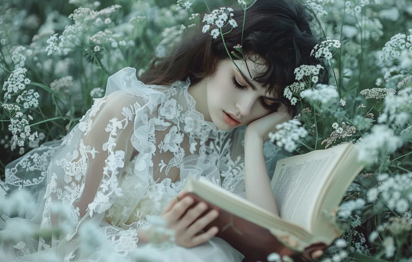 Photo wallpaper girl, flowers, nature, face, glade, portrait, garden, book