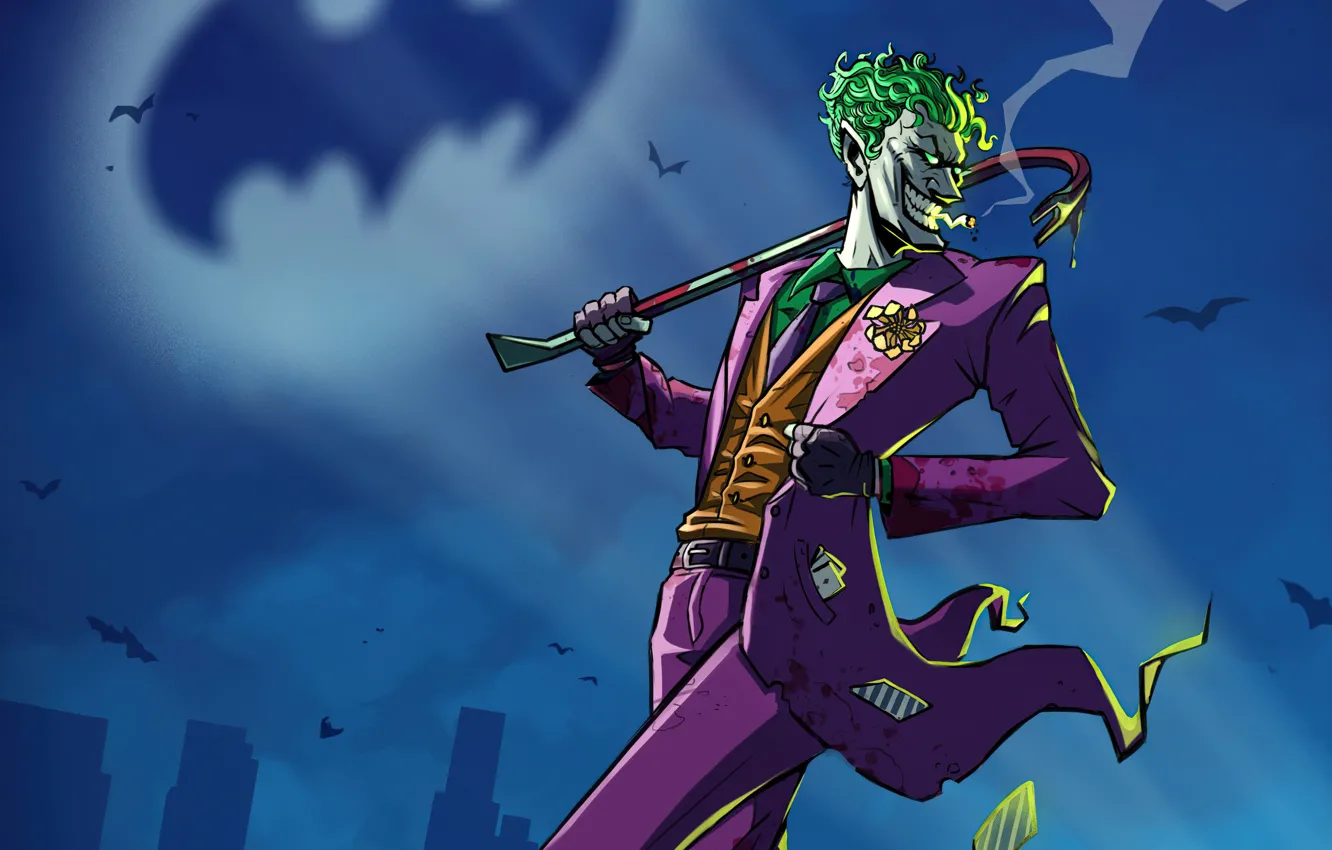 Photo wallpaper blood, Batman, Joker, comics, cigarettes, crowbar, villains, Batman logo