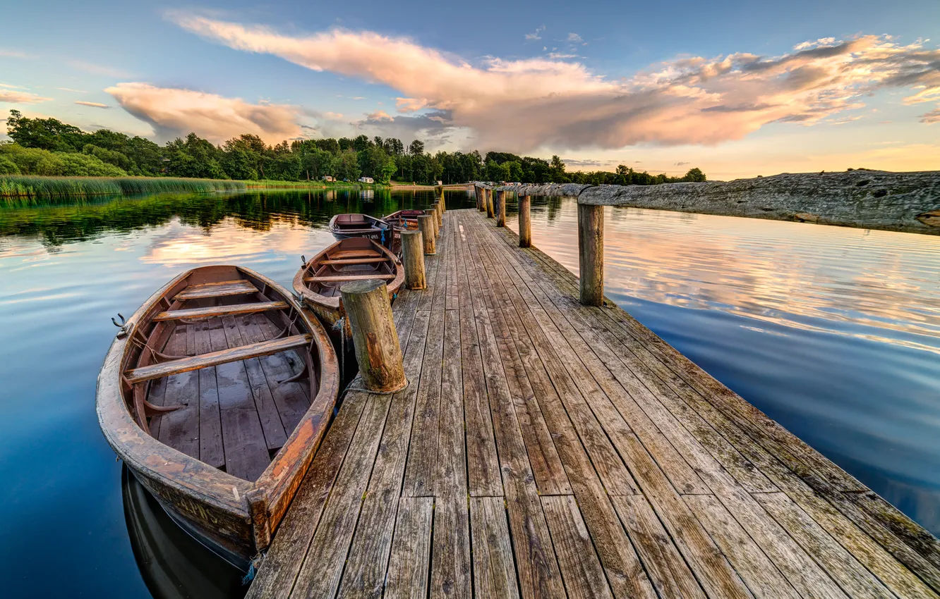 Photo wallpaper forest, the sky, clouds, landscape, nature, lake, boat, pier