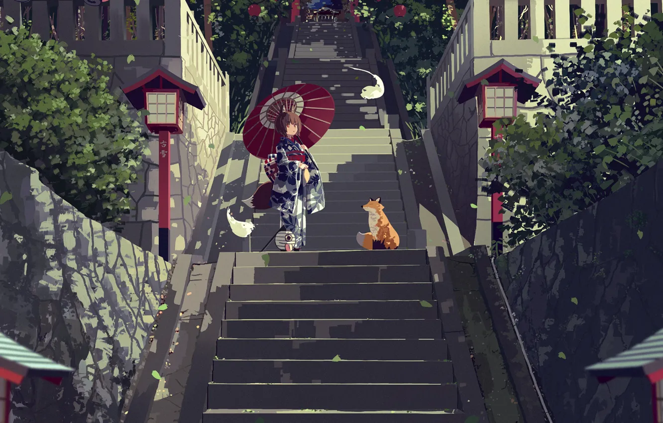 Photo wallpaper anime, Fox, ladder, girl