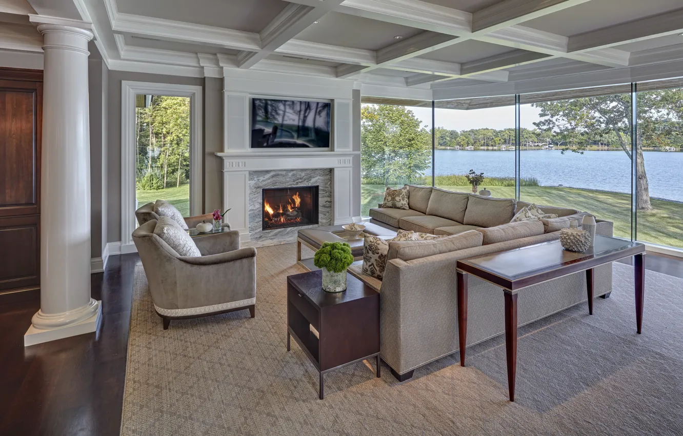 Photo wallpaper style, interior, lake view, Upper Straits, by DesRosiers Architects, living room, Villa, Tursi