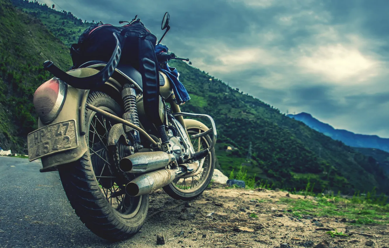 Photo wallpaper road, Motorcycle, backpack