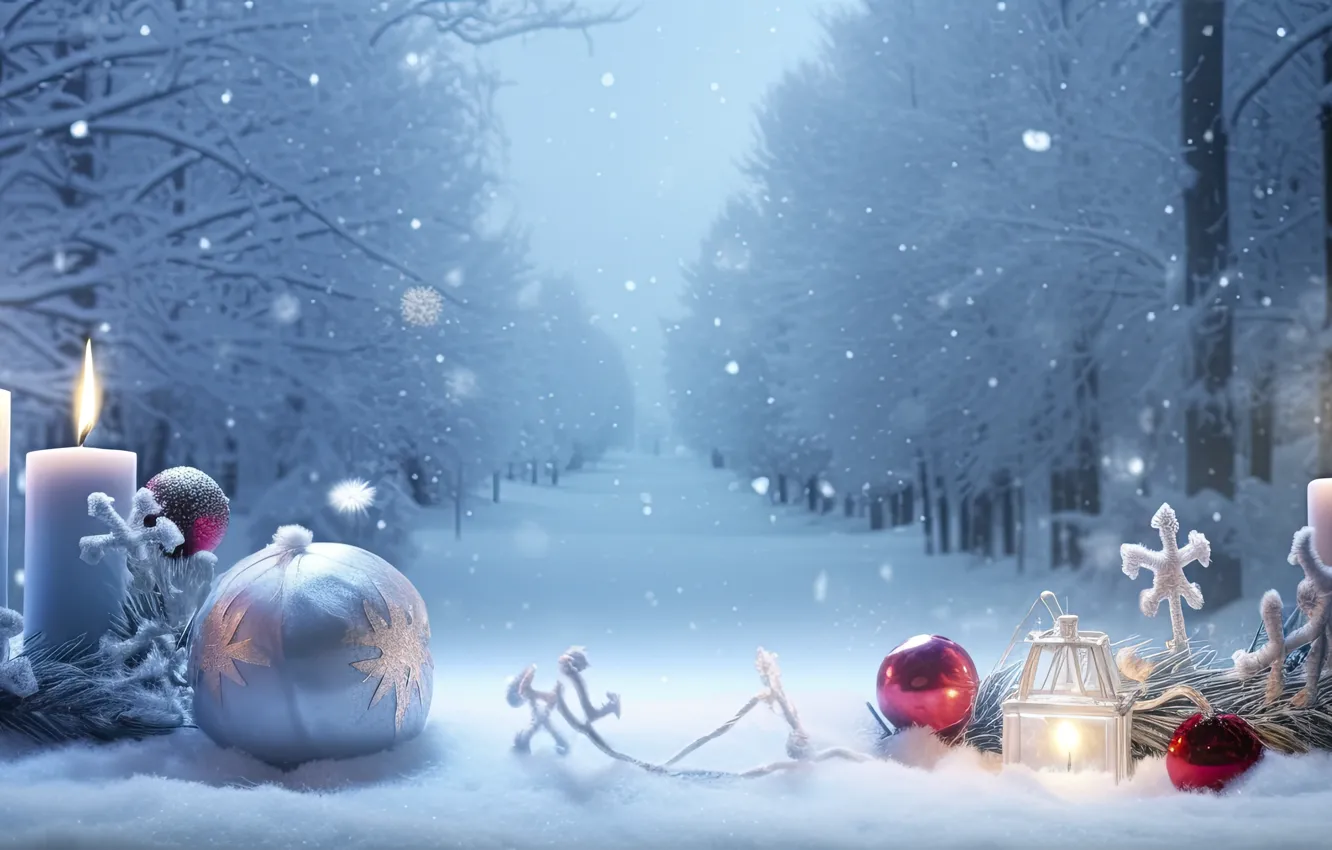 Photo wallpaper winter, frost, forest, balls, snow, trees, winter, new year
