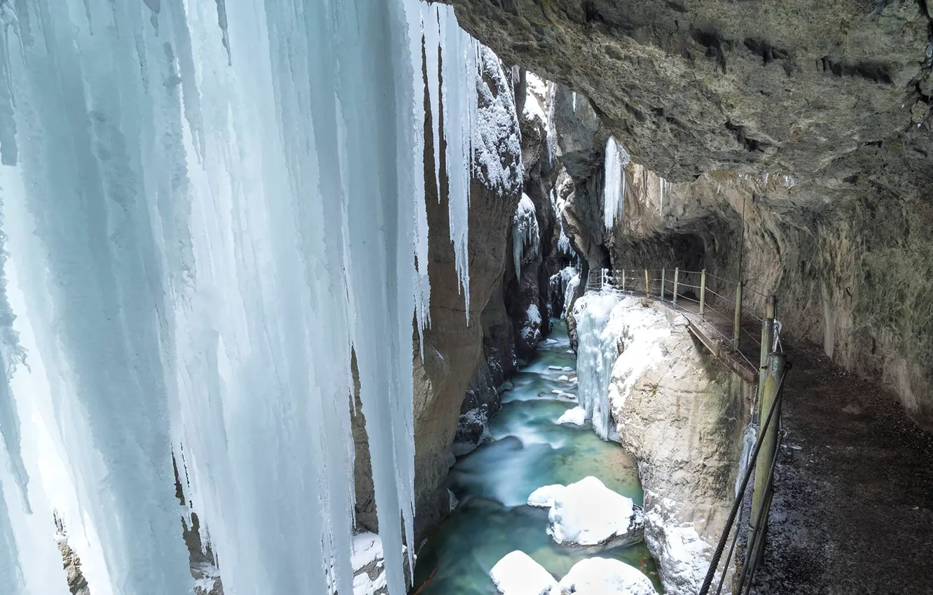 Photo wallpaper winter, nature, river, stream, icicles, Germany, Bayern, gorge