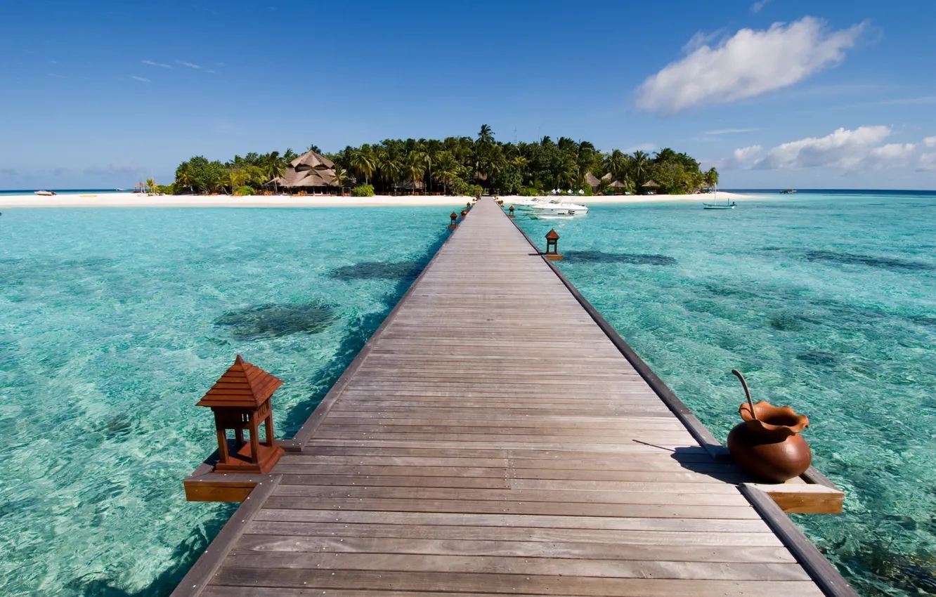 Photo wallpaper beach, the sky, water, landscape, bridge, nature, palm trees, the ocean