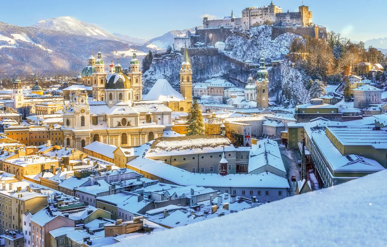 Photo wallpaper winter, snow, castle, building, mountain, home, Austria, panorama