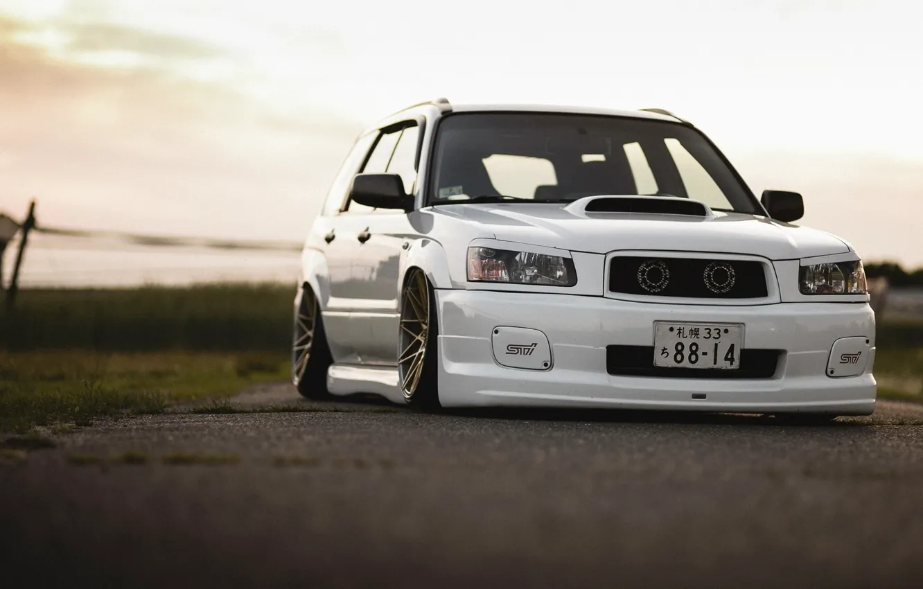 Photo wallpaper Subaru, Japan, white, STI, Front, tuning, Turbo, face
