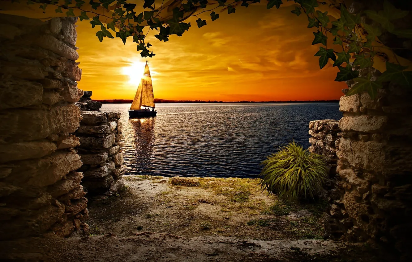 Photo wallpaper Sunset, lake, cave, sailing