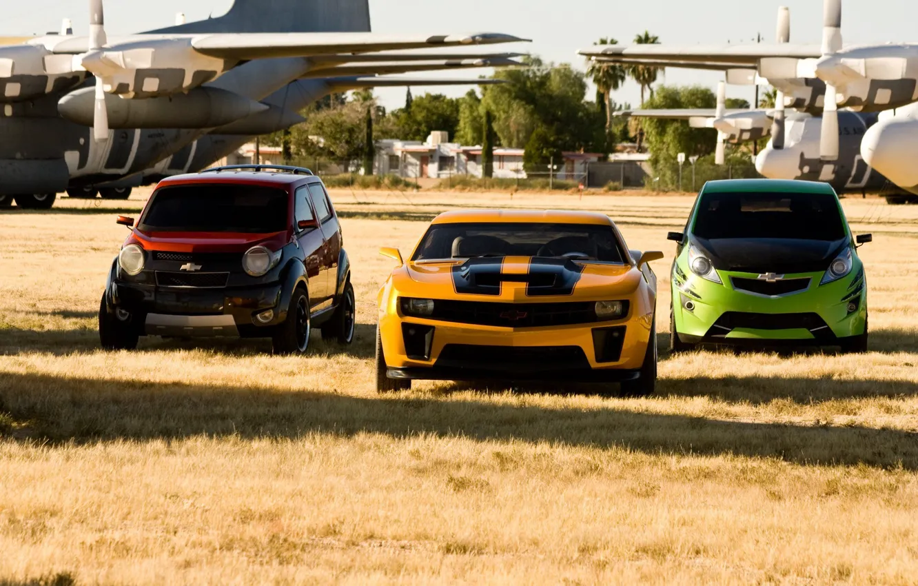 Photo wallpaper Transformers, Chevrolet, Chevrolet Camaro, Bumble Bee, three cars