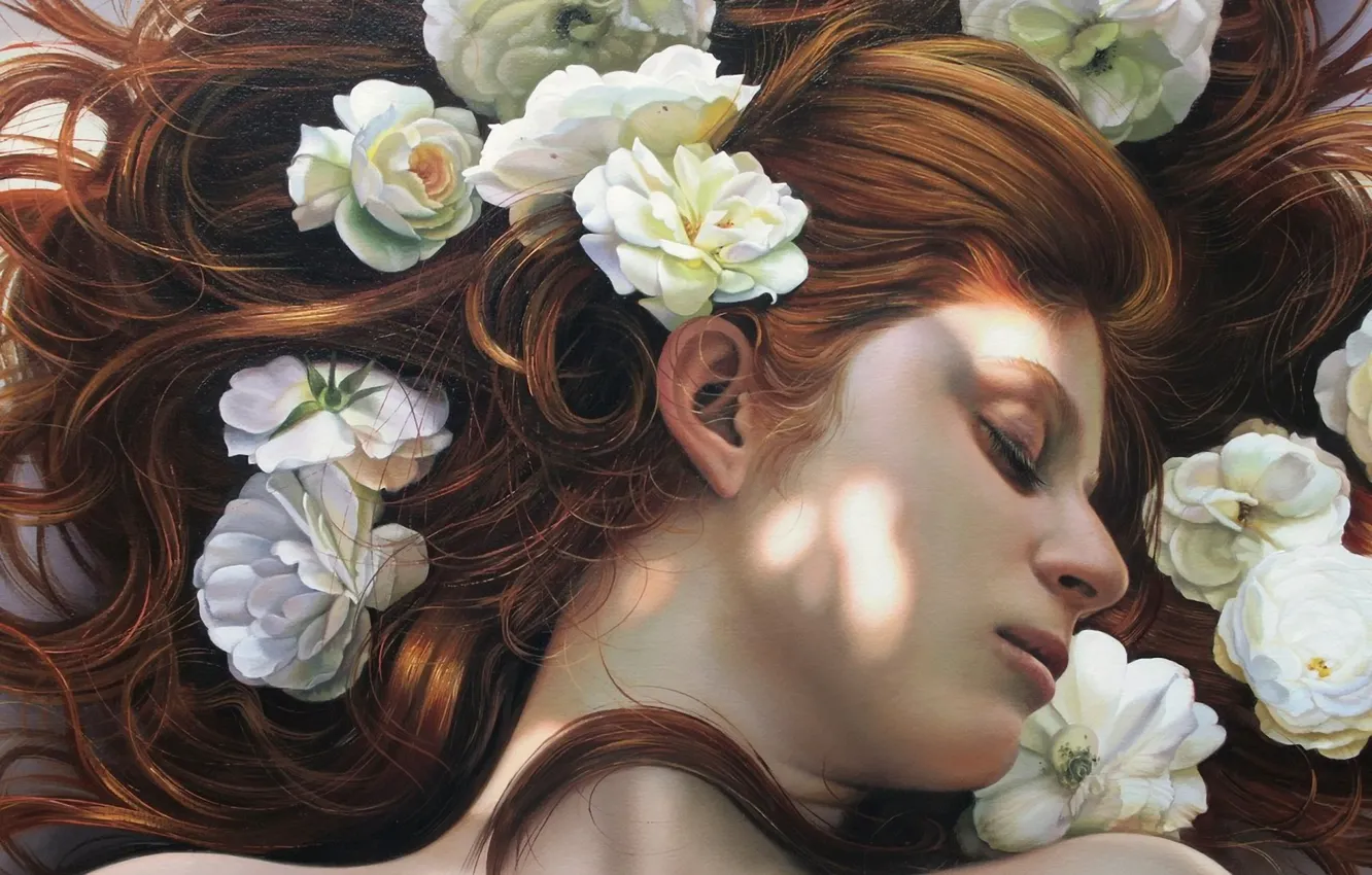 Photo wallpaper girl, flowers, hair, sleeping