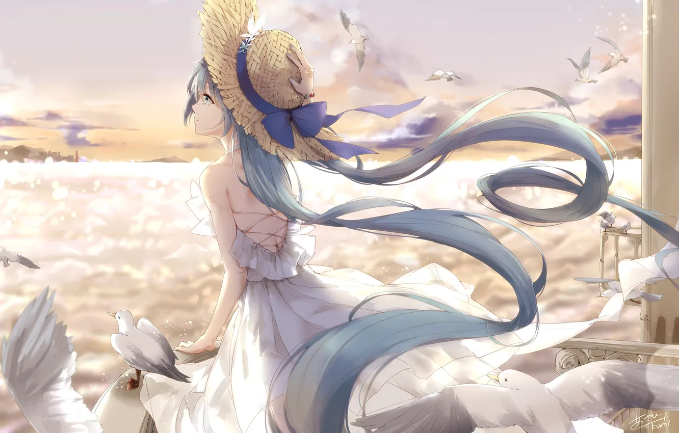 Photo wallpaper girl, bird, pigeons, hat, vocaloid, hatsune miku, Vocaloid, Hatsune Miku
