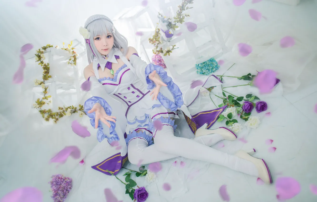 Photo wallpaper white, look, girl, flowers, face, pose, feet, roses