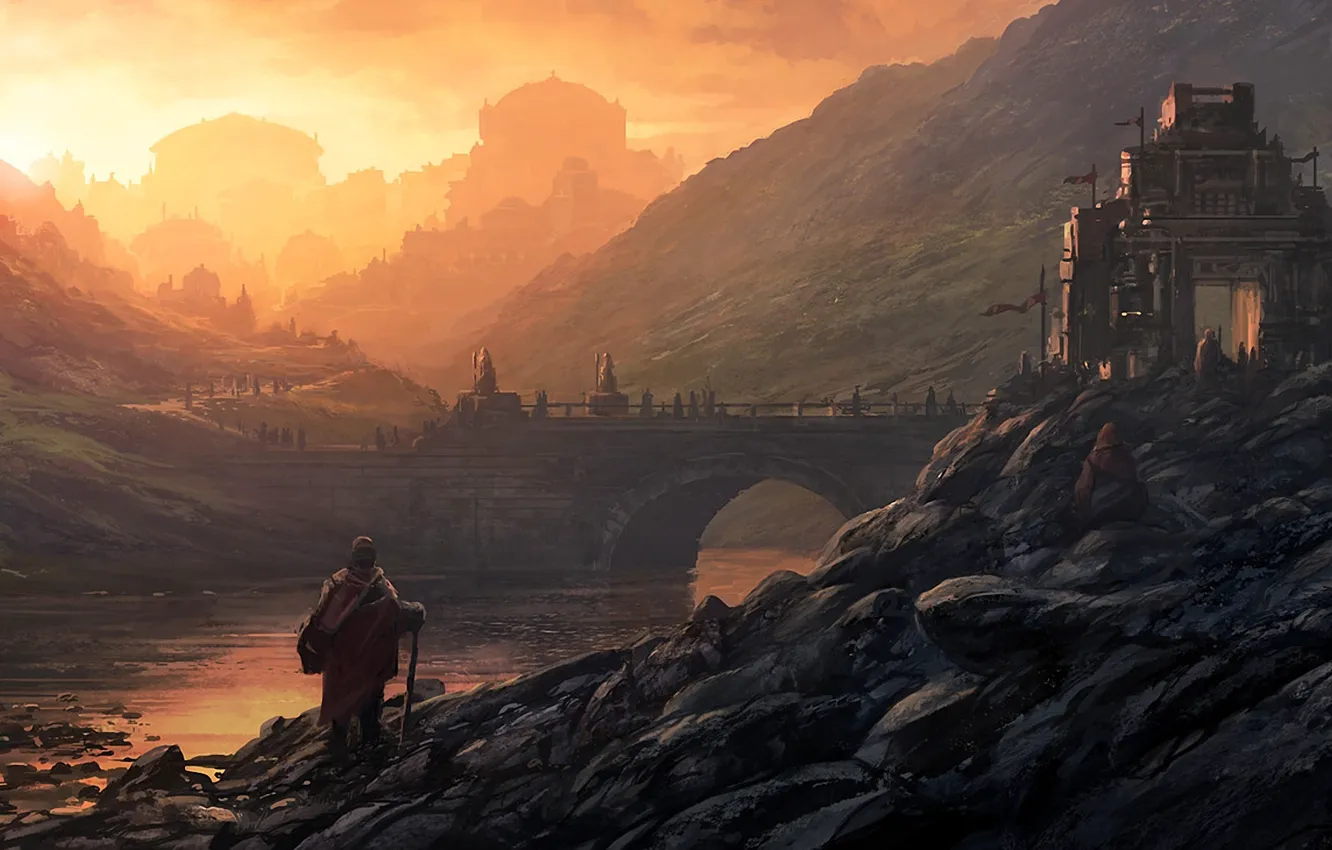 Photo wallpaper landscape, bridge, the city, river, sunrise, stones, castle, hills