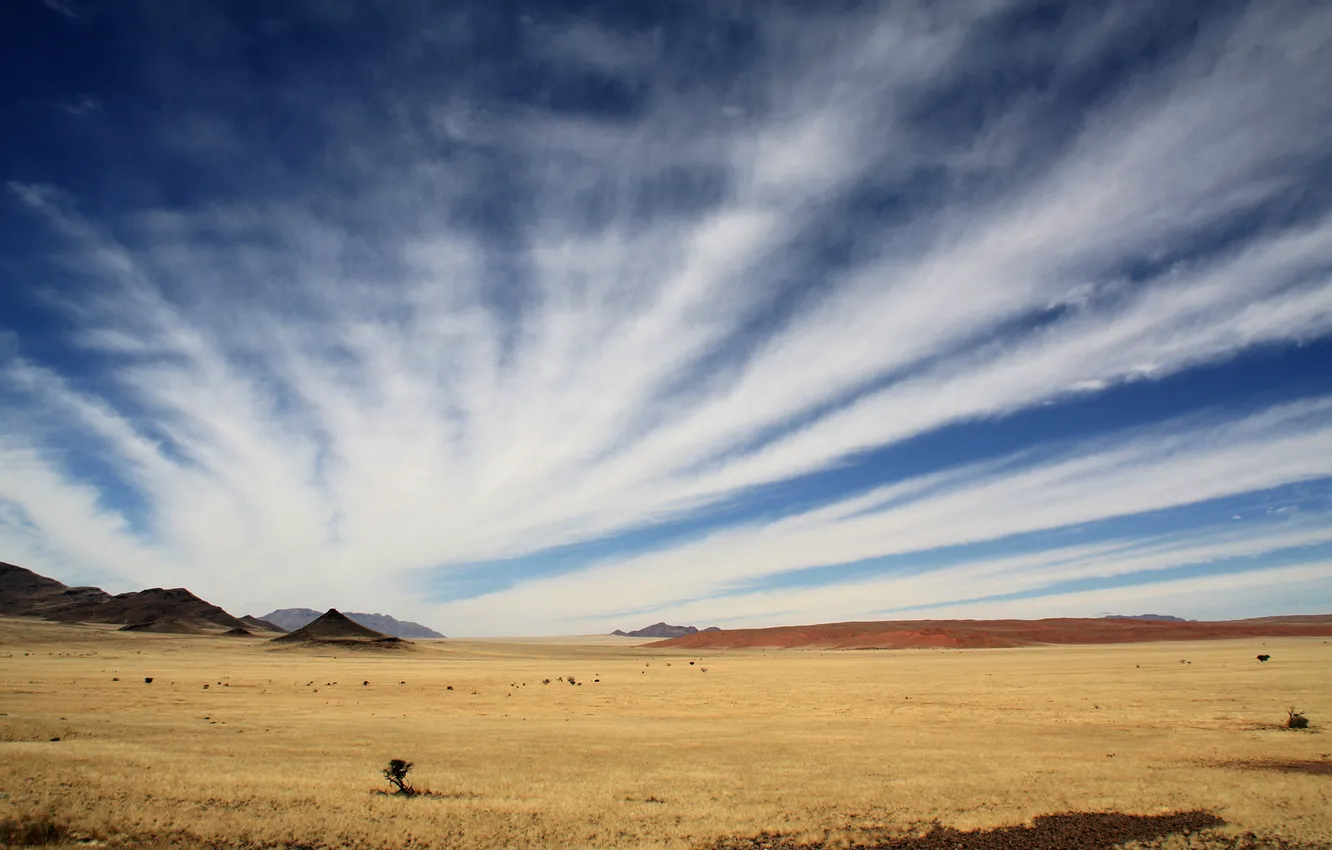 Photo wallpaper the sky, clouds, mountains, desert, plain, Africa, Namibia
