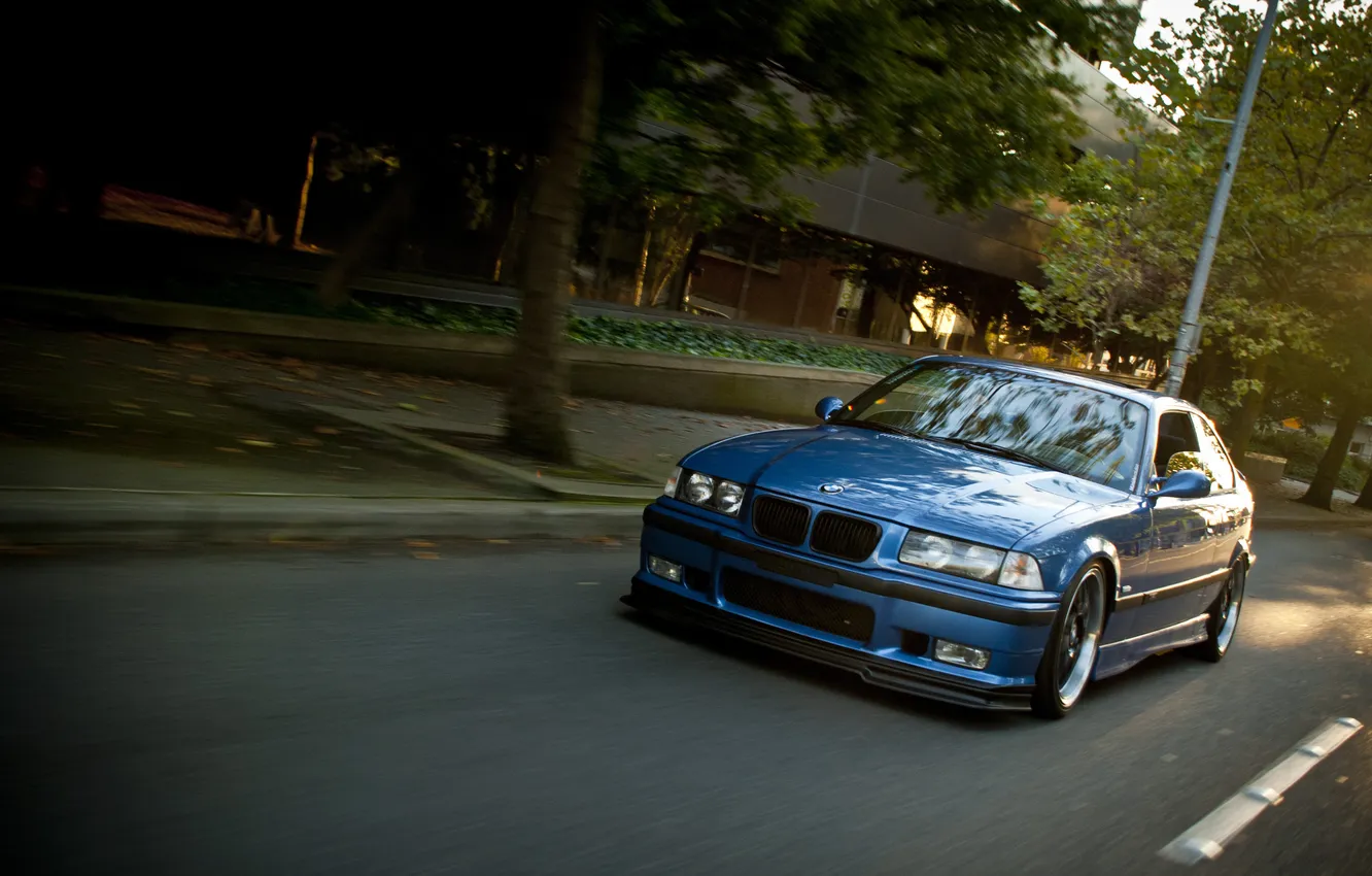 Photo wallpaper road, blue, BMW, BMW, blue, tuning, E36