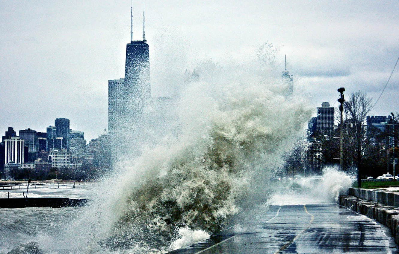Photo wallpaper wave, storm, skyscrapers, Chicago, Michigan, USA, Chicago
